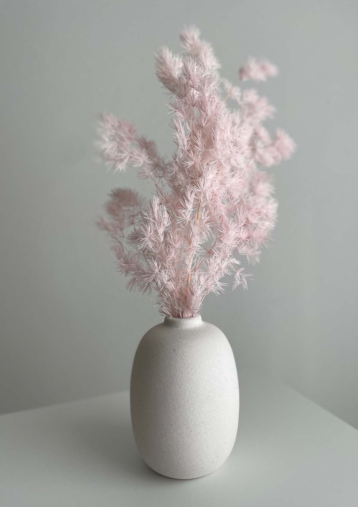Keramikvase Klein Weiss Oval mit einem Zweig rosa Asparagus. Die perfekte Tischdekoration und für alle Orte mit begrenztem Platz.